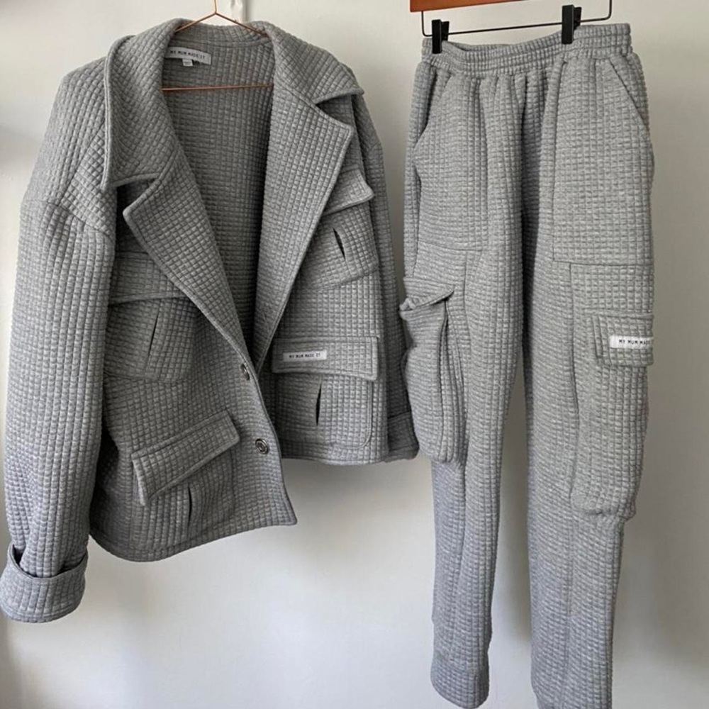Gray Textured Jacket and Pants Set